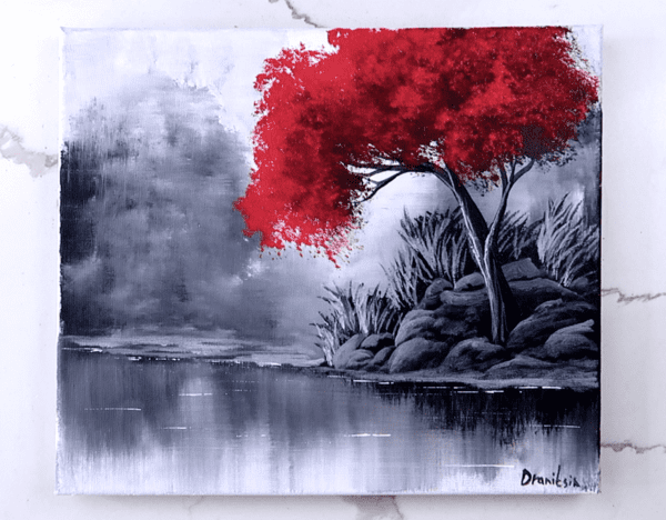 simple red tree black and white landscape acrylic landscape painting urartstudio.com 1