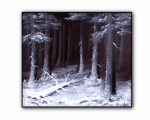 Frozen Contrast dark brown forest against bright white snow acrylic landscape painting 1