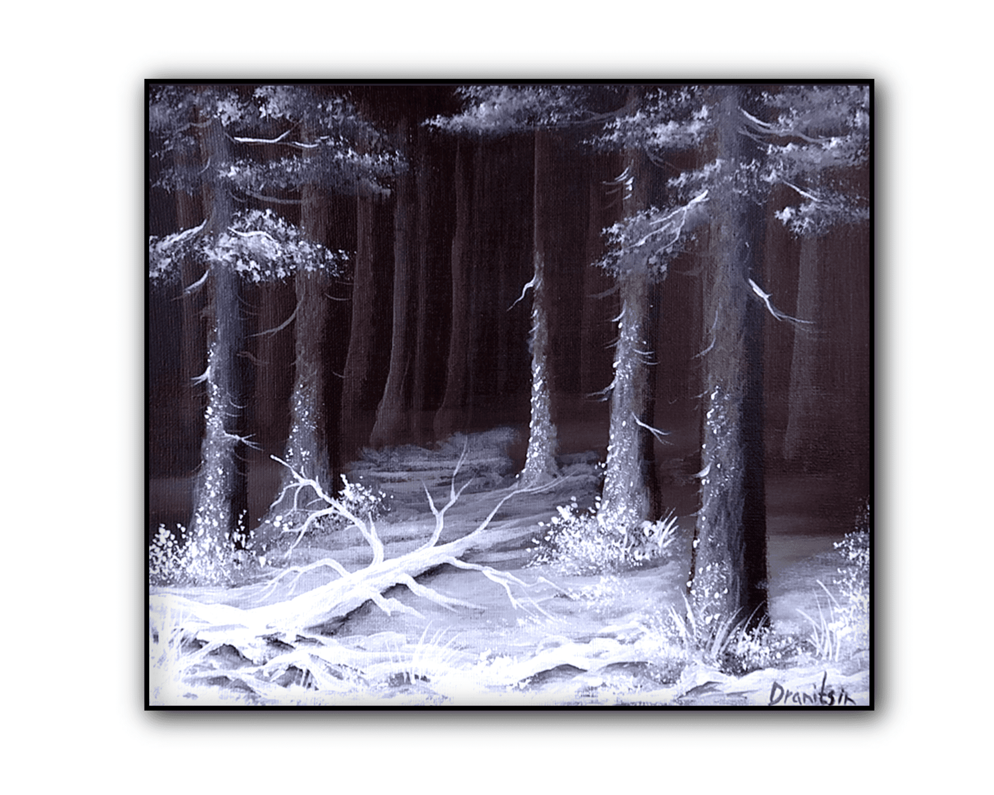 Frozen Contrast dark brown forest against bright white snow acrylic landscape painting 1