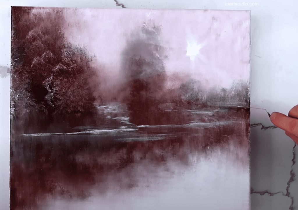 How to paint MISTY MORNING LAKE engulfed in sunshine in under 10 minutes demo | Acrylics