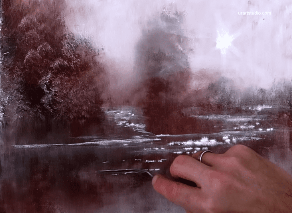 How to paint MISTY MORNING LAKE engulfed in sunshine in under 10 minutes demo | Acrylics