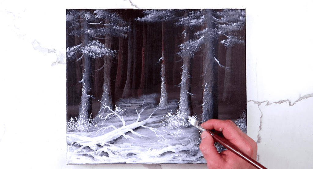 Frozen Contrast | How to Paint Dark Brown Pine Forest | Fallen Tree Covered in White Snow | Acrylics