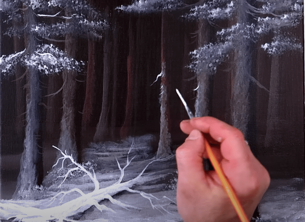 rozen Contrast | How to Paint Dark Brown Pine Forest | Fallen Tree Covered in White Snow | Acrylics VIDEO GUIDE 61