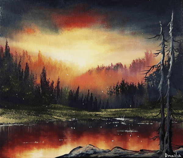 brilliant sky dark forest lake acrylic landscape painting by urartstudio.com 2