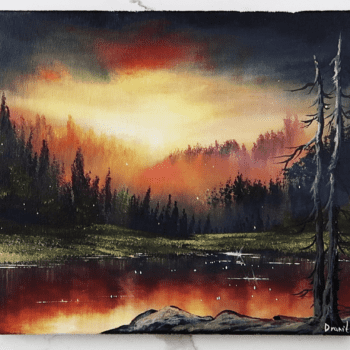 brilliant sky dark forest lake acrylic landscape painting by urartstudio.com 2