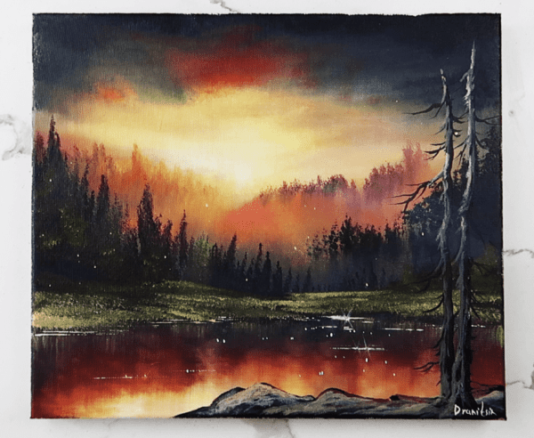 brilliant sky dark forest lake acrylic landscape painting by urartstudio.com 2