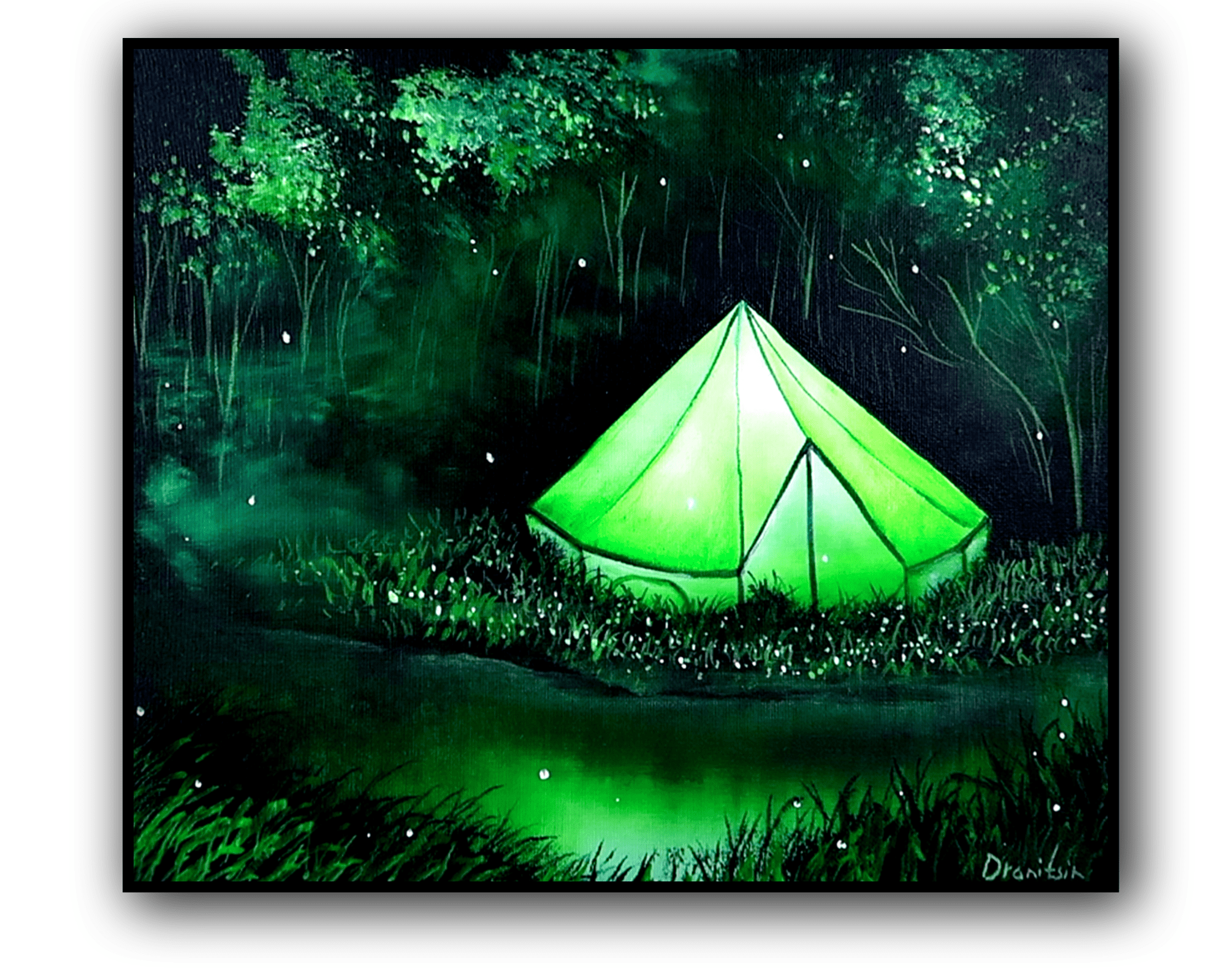 light up the night glowing tent by the pond acrylic landscape painting by urartstudio.com 1