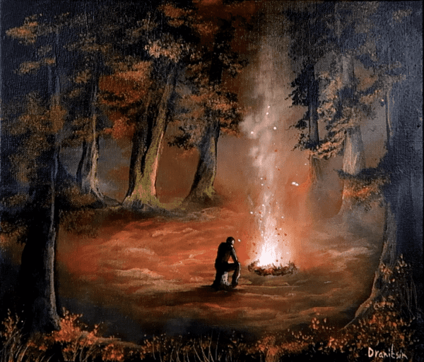 men and fire acrylic landscape painting by urartstudio.com 1