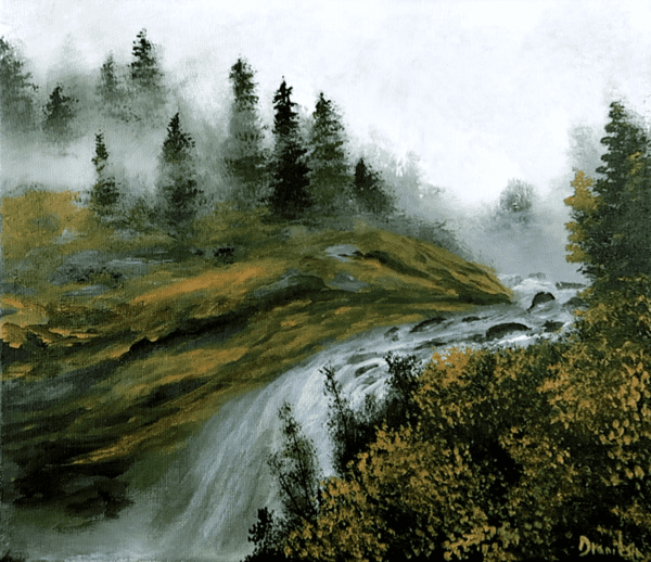 misty forest waterfall acrylic landscape painting 1