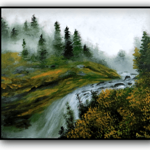 misty forest waterfall acrylic landscape painting 1