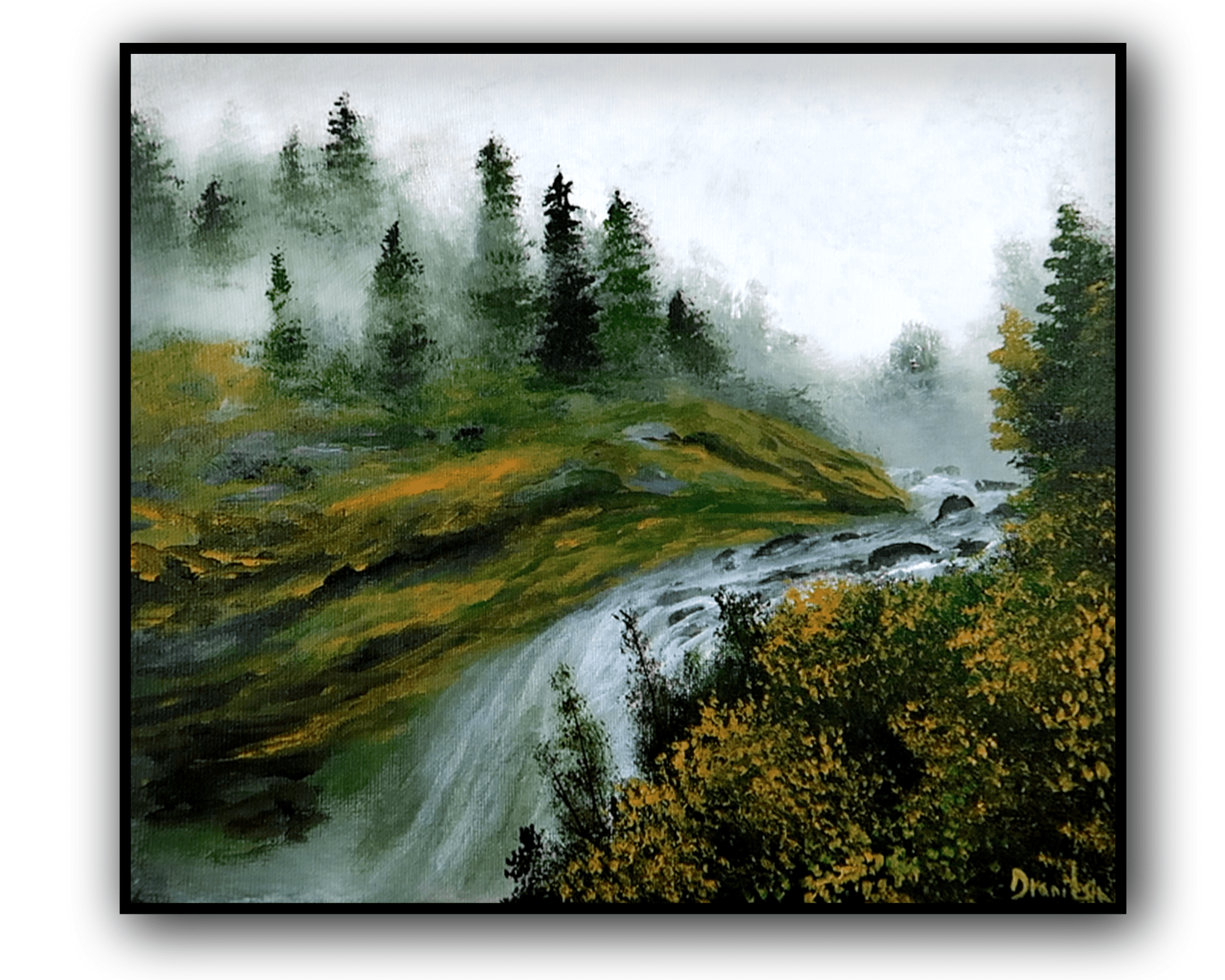 misty forest waterfall acrylic landscape painting 1