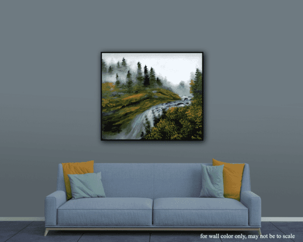 misty forest waterfall acrylic landscape painting 1