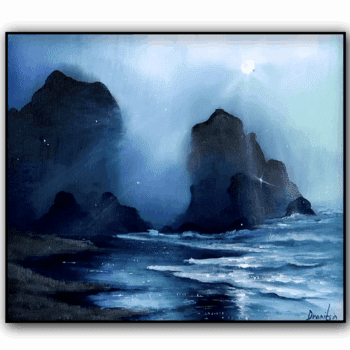 MISTY ROCK FORMATIONS IN MOONLIGHT