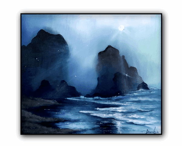 MISTY ROCK FORMATIONS IN MOONLIGHT