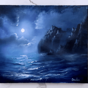 night ocean mountains acrylic seascape painting by urartstudio.com 1
