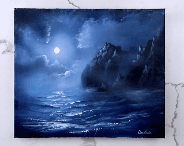 night ocean mountains acrylic seascape painting by urartstudio.com 1