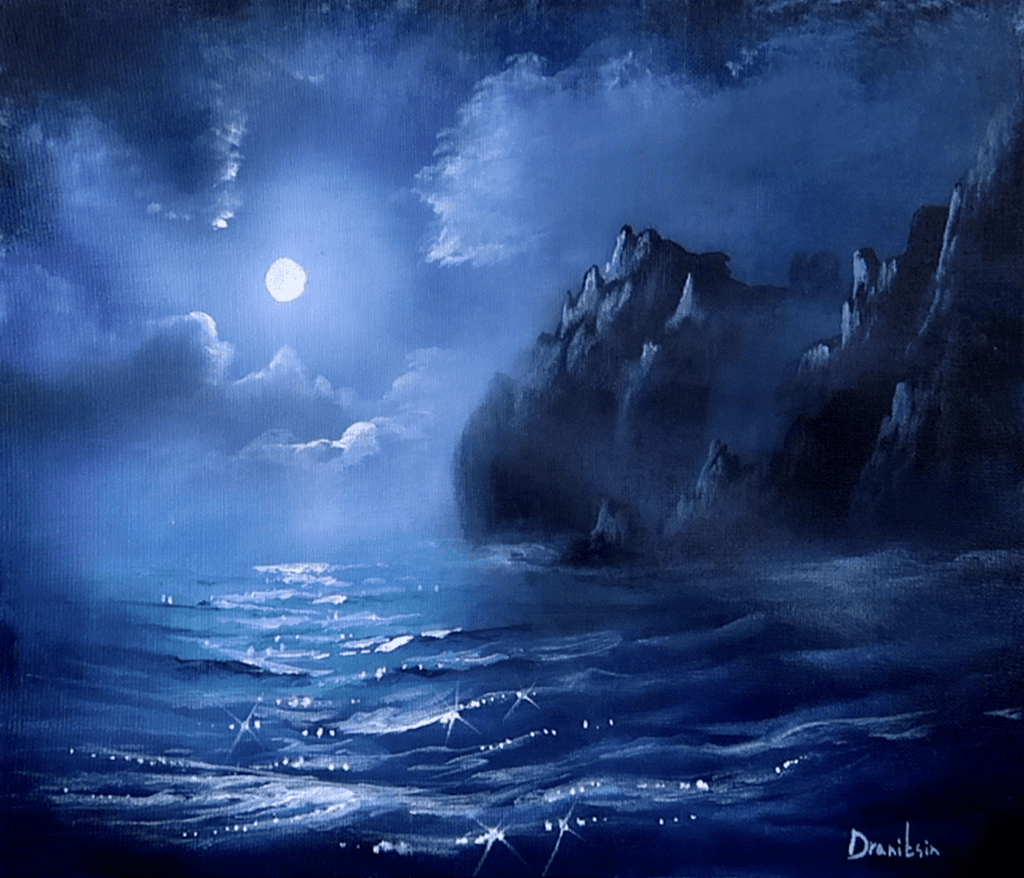 night ocean mountains acrylic seascape painting by urartstudio.com 1