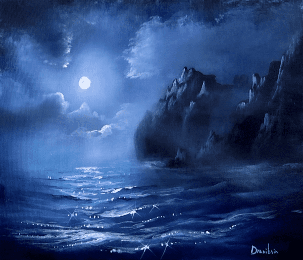 night ocean mountains acrylic seascape painting by urartstudio.com 1