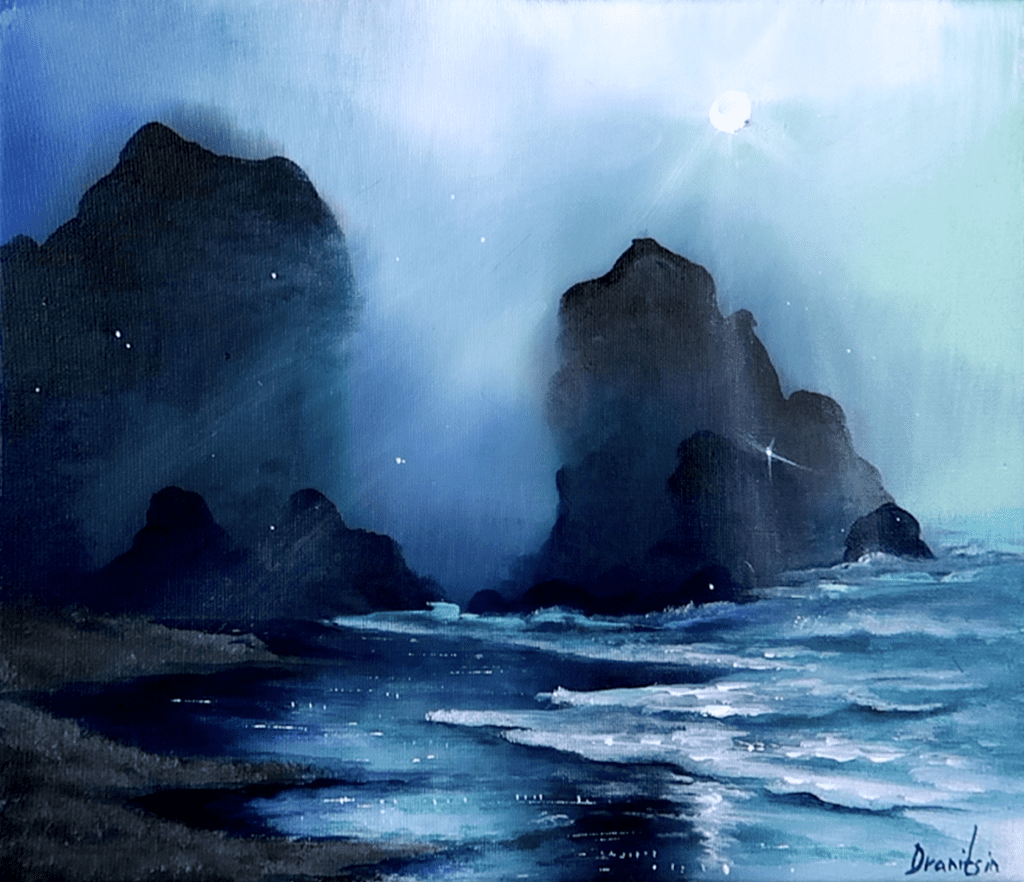 ocean mountains in the moonlight acrylic seascape painting by urartstudio.com 2