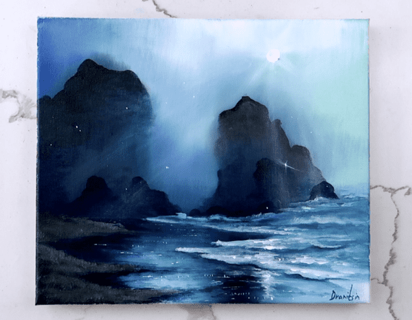 ocean mountains in the moonlight acrylic seascape painting by urartstudio.com 2