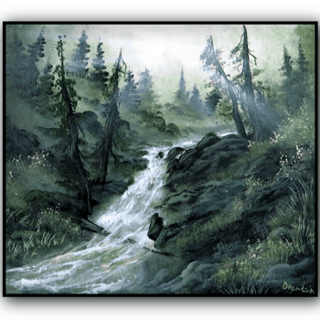 fallen tree in waterfall acrylic landscape painting by urartstudio.com 1
