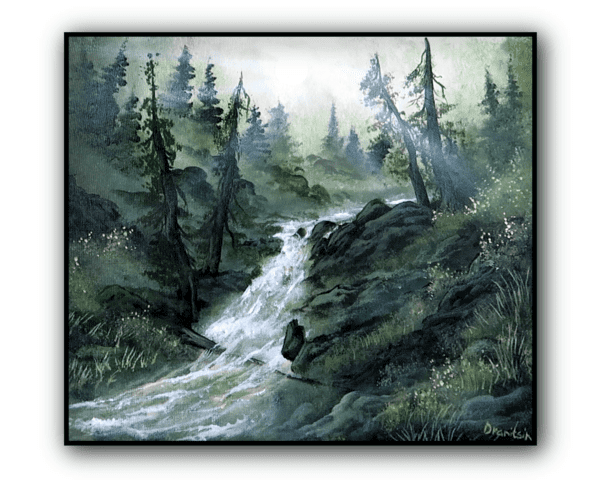 fallen tree in waterfall acrylic landscape painting by urartstudio.com 1