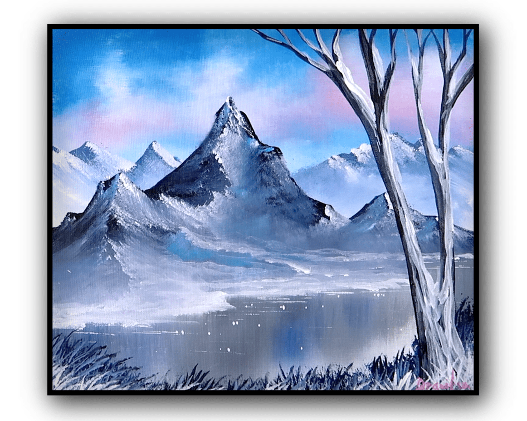 mountain on frozen lake acrylic landscape painting by urartstudio.com 1