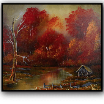 Autumn Cabin Retreat foggy landscape acrylic painting by urartstudio.com 5