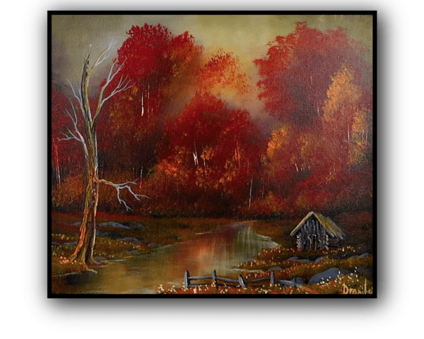 Autumn Cabin Retreat foggy landscape acrylic painting by urartstudio.com 5