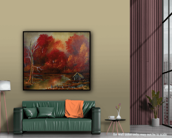 Autumn Cabin Retreat foggy landscape acrylic painting by urartstudio.com 5