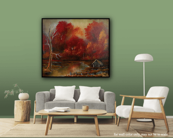 Autumn Cabin Retreat foggy landscape acrylic painting by urartstudio.com 5