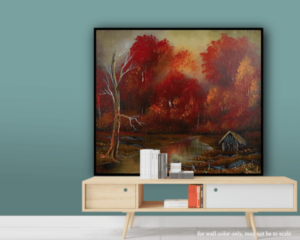 Autumn Cabin Retreat foggy landscape acrylic painting by urartstudio.com 5