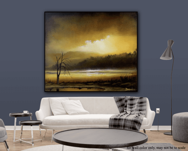 lonely tree, shimmering lake in sunset acrylic landscape painting by urartstudio.com 1