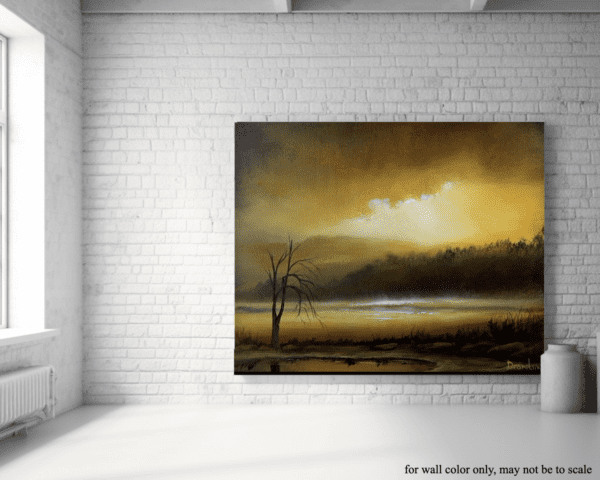 lonely tree, shimmering lake in sunset acrylic landscape painting by urartstudio.com 1