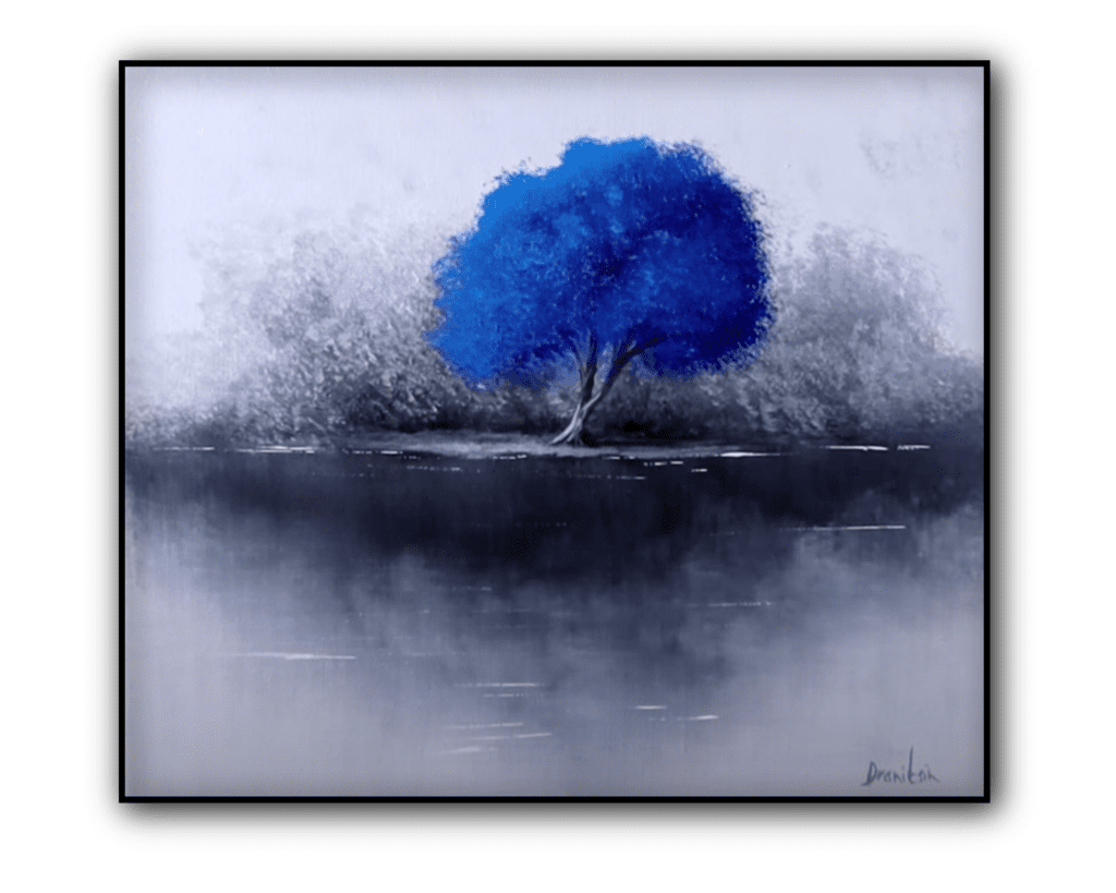 blue tree by the lake acrylic landscape painting by urartstudio.com 1