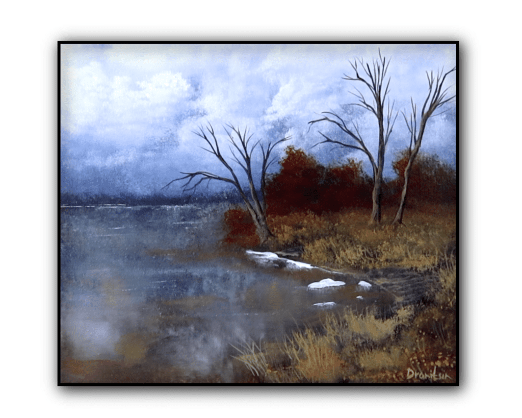 cloudy autumn lake acrylic landscape painting by urartstudio.com 7