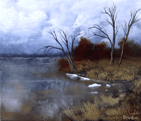 cloudy autumn lake acrylic landscape painting by urartstudio.com 7