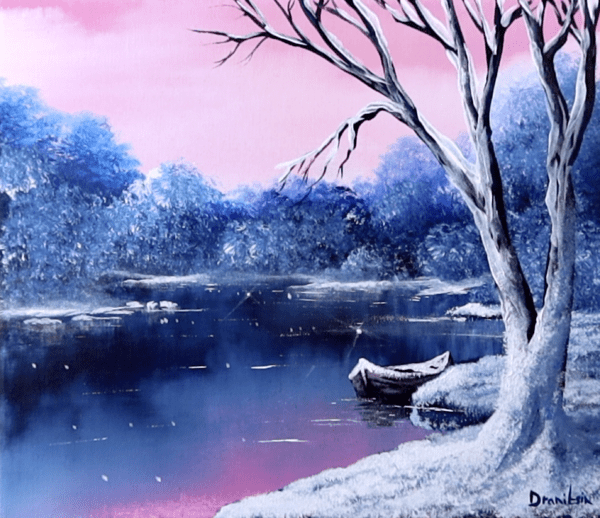 snowy covered boat acrylic landscdape painting by urartstudio.com 1