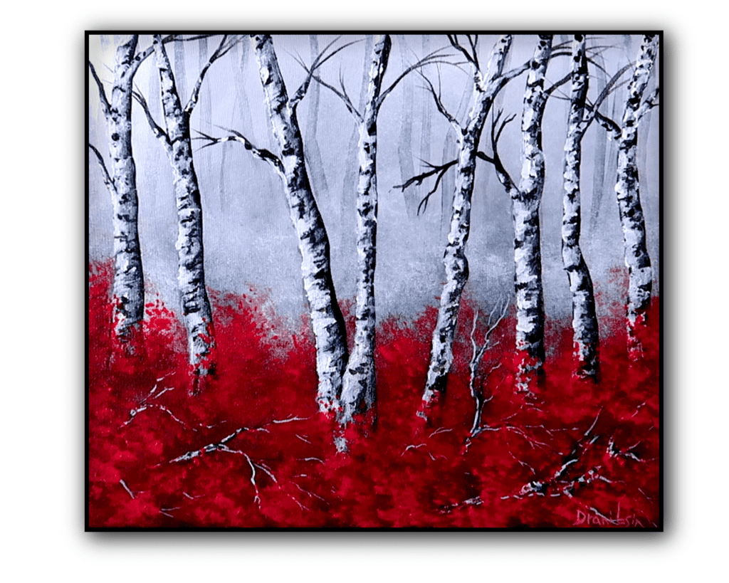 birch trees red grass acrylic landscape painting by urartstudio.com 1