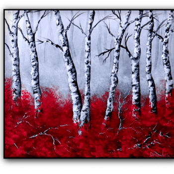 birch trees red grass acrylic landscape painting by urartstudio.com 1