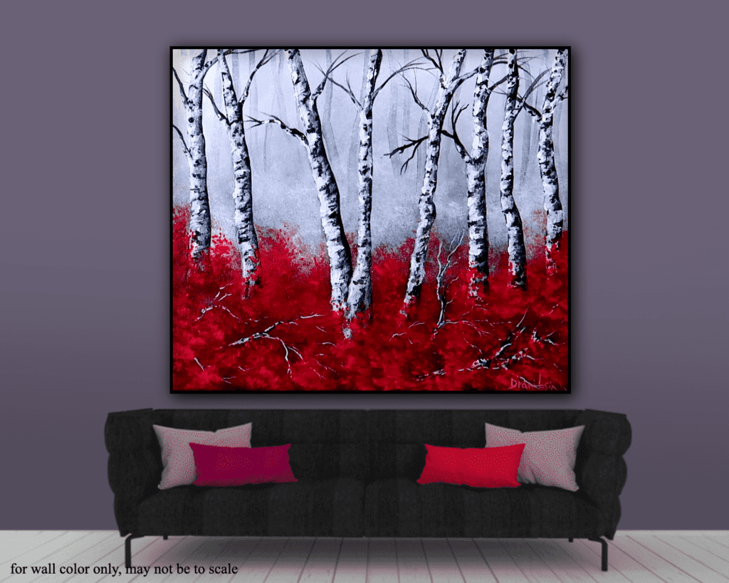 birch trees red grass acrylic landscape painting by urartstudio.com 3