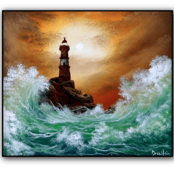 sunset lighthouse ocean waves acrylic seascape painting by urartstudio.com 1