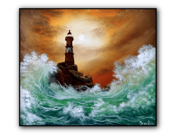 sunset lighthouse ocean waves acrylic seascape painting by urartstudio.com 1