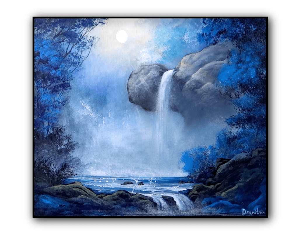 blue waterfall in sunshine acrylic landscdape painting by urartstudio.com 1