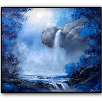 blue waterfall in sunshine acrylic landscdape painting by urartstudio.com 1