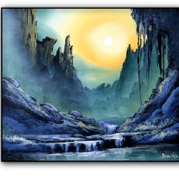 deep rocky waterfall acrylic landscape painting by urartstudio.com 1