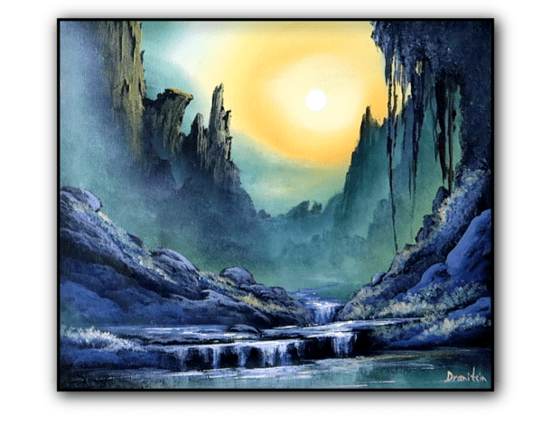 deep rocky waterfall acrylic landscape painting by urartstudio.com 1