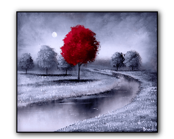 red tree monochrome landscape acrylic painting by urartstudio.com 1