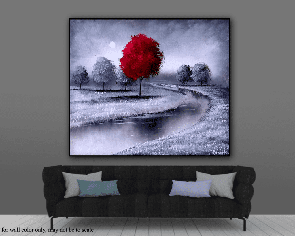 red tree monochrome landscape acrylic painting by urartstudio.com 1