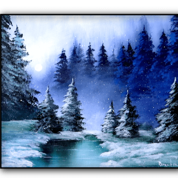 snowing winter pond acrylic landscape painting by urartstudio.com 1